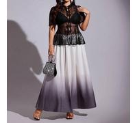 Top nero in pizzo con bottoni, vita stretta e orlo arricciato, una camicia trasparente a maniche corte in stile cinese retrò, versatile e alla moda. 0XL,1XL,2XL,3XL,4XLPiantePizzo