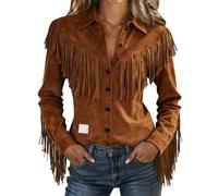 Top occidentale da donna, camicia vintage con frange, scollo a V, maniche lunghe, camicetta in camoscio, abbigliamento da cowgirl anni '70, abbigliamento casual per festival, 2Marrone, XXL