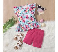 Top peplum con maniche flutter a stampa floreale e biker shorts per ragazze giovani 6Y,7Y,4Y,5Y,3-4YFloreale,PianteTessuto in maglia