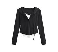 Top Pullover Finto in Due Pezzi con Cappuccio e Coulisse per Pura lussuria, T-Shirt da Ragazza Slim a Vita Alta e Orlo Irregolare-Nero-S