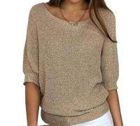 Top pullover in maglia con scollo rotondo per le donne con 3 4 maniche di lunghezza tinta unita e vestibilità ampia per quattro stagioni (L kaki)