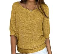 Top pullover lavorato a maglia con scollo rotondo per le donne con 3 4 maniche di lunghezza tinta unita e vestibilità ampia per quattro stagioni (XL giallo)