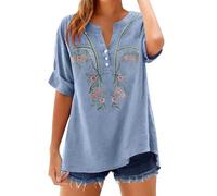 Top ricamato da donna a maniche corte boho in lino camicie con scollo a V top tunica top vestibilità ampia leggera top vacanze magliette eleganti camicette casual abiti primavera estate, B-light blue