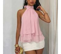 Top rosa in chiffon senza maniche con scollo all'americana, top corto ampio con volant a doppio strato, estivo e dolce, per tè pomeridiano con amiche, foto al ristorante, festa in piscina, vacanza sul