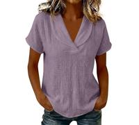 Top Rosso Donna Women's Fashion Casual Solid Color Ruffled V Neck Short Sleeve T Shirt Sottogiacca Donna (Purple, M)