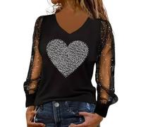 Top scintillante da donna in rete trasparente a maniche lunghe glitterato camicetta allentata scollo a V grafica cuore maglietta sera festa camicie lucide paillettes abito da concerto San Valentino