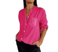 Top scintillante da donna oversize button down camicia casual a maniche lunghe camicette con paillettes top manica 3/4 scollo a V glitter camicia per uscire camicia da sera, Rosa acceso, M