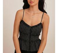 Top senza maniche con scollo a V, bottoni anteriori, spalline a spaghetti, arricciature e volant, in stile boho, country, western, adatto per l'autunno, l'inverno e l'uso casual, con motivo a pois e p