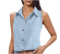Top senza maniche da donna elegante casual con colletto abbottonato camicia in lino canotte vestibilità ampia camicetta lavoro ufficio abiti, Azzurro, XL