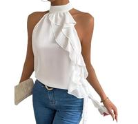 Top senza maniche Halter - Collo a volant sciolto tinta unita donna elegante casual camicetta estiva collo a lupetto pulsante abito da ufficio, bianco, S