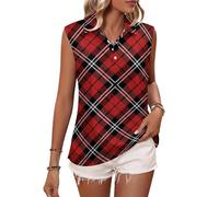 Top senza maniche per camicia da golf da donna, maglietta da golf scozzese a scacchi neri rossi con stampa scozzese da donna con scollo a V polo canotte da tennis, Stile-15, L