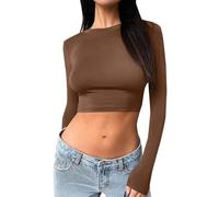 Top sexy a maniche lunghe da donna 2023, scollo rotondo, basic, aderente, magliette corte maglione donna sexy elegante, caffè, XL