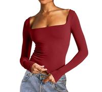 Top sexy da donna a maniche lunghe con scollo quadrato, doppia fodera, basic slim fit, maglietta da bagno da donna, Vino, XL