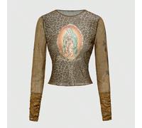 Top sexy, trasparente, con stampa grafica vintage della Madonna e stampa leopardata, in stile Y2K, per donne L,M,SBlocchi di colore,GraficoTessuto in tulle