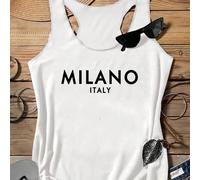 Top smanicato da donna con grafica della lettera MILANO, leggermente trasparente, adatto per primavera/estate, ritorno a scuola, casual L,M,S,XL,XS,XXL,XXS,XXXL,XXXXLBlocchi di colore,LettereTessuto i
