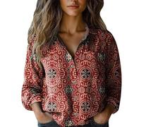 Top & T-Shirts Camicetta da donna in cotone stampato moda button down camicie casual a maniche lunghe camicetta, Rosso, 5XL