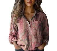Top & T-Shirts Camicetta da donna in cotone stampato moda button down camicie casual a maniche lunghe camicetta, rosa, 5XL
