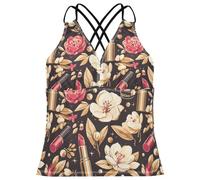 Top tankini da donna con scollo a V ad asciugatura rapida, Motivo cosmetico di bellezza, XS
