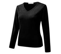 Top termico da donna a maniche lunghe da donna, top termico invernale, tinta unita, vestibilità aderente, con scollo a V, a maniche lunghe, in pile spesso, per la stagione fredda, uso quotidiano, Nero