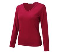 Top termico da donna a maniche lunghe da donna, top termico invernale, tinta unita, vestibilità aderente, con scollo a V, a maniche lunghe, in pile spesso, per la stagione fredda, uso quotidiano, vino