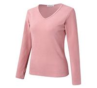 Top termico da donna a maniche lunghe da donna, top termico invernale, tinta unita, vestibilità aderente, con scollo a V, a maniche lunghe, in pile spesso, per la stagione fredda, uso quotidiano, rosa