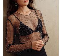 Top trasparente in in rete a maniche lunghe da donna per primavera/estate, outfit per vacanze al mare, abiti per San Valentino L,M,S,XSGalassia,stampa dappertuttoTessuto in maglia