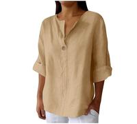 Top Tunica Estivi in Cotone e Lino per Donna a Tinta Unita con Scollo a V Camicette Casual Vestibilità Ampia Maniche 3/4 Camicie da Donna Camicetta Lunga Taglie Forti Henley Oggi 2025, cachi, L