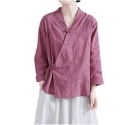Top vintage in lino di cotone con ricamo floreale per le donne con bottone a rana cinese manica a 3/4 camicetta casual allentata, 1f-viola, XL