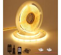 TOPAI Striscia LED COB 5 Metri Bianco Caldo 2700K Dimmerabile Impermeabile Esterno, CRI93, 480LED/M, Larghezza 8mm, Con 12V Alimentatore e Telecomando RF Per Camera da Letto, Bagno, Cucina