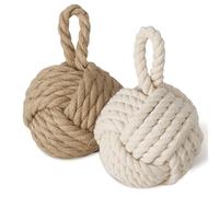 TOPANBIETER 999 Set di 2 fermaporta decorativi in iuta naturale e bianco crema, fermaporta per porta, fermaporta a forma di nodo naturale, sfera con passante, circa 1,5 kg