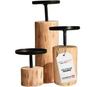 TOPANBIETER 999 Set di 3 candelabri, design rotondo in legno di eucalipto e metallo, altezza 8-22 cm, elegante portacandele per candele a pilastro, moderno da tavolo, senza candele