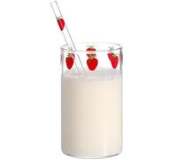 TOPBATHY 1 Set di Vetro di Fragola Tazza di Vetro Latte Resistente al Calore Bottiglia con Paglia Carino Succo Di Caffè Acqua Bere per Casa Office