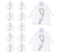 TOPBATHY Set 40 Pezzi Braccialetti Rosario in Legno con Ciondolo Croce Cattolica e Sacchetti a Rete per Bomboniere Religiose Battesimo e Prima Comunione Piccoli Rosari per Shower e