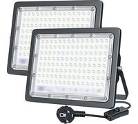 TOPBOS Faretto LED per esterni, 2 pezzi, 100 W, 10000 lm, super luminoso, con spina e interruttore, 6500 K, bianco freddo, IP66, impermeabile, per giardino, cortile, garage, campo sportivo