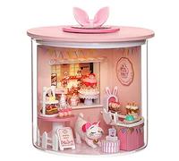 TOPBSFARNY Kit per casa delle bambole in miniatura con luci LED fai da te, negozio di strada, casa delle bambole, mobili in legno, per San Valentino, regali creativi (negozio di torte gattini)