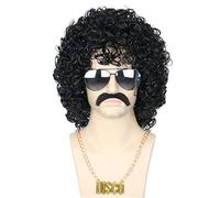 Topcosplay Confezione da 3 Parrucche da Uomo Anni 70 e 80 Stile Disco, Barba Scompigliata, Nero Misto e Biondo Corto Afro Shaggy con Collana da Barba