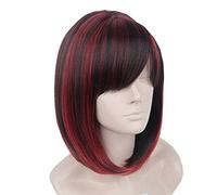 Topcosplay donna corto rosso e nero - Parrucca a caschetto per giovani donne capelli Kanekalon parrucca da donna