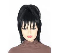 Topcosplay Parrucca nera lunga riccia retrò Beehive con collana per carnevale Halloween (parrucca corta nera)