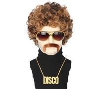 Topcosplay Set di 5 pezzi 70S 80S Parrucca Disco Per Uomini O Donne Parrucca Afro Con Occhiali Collana Baffi Corti Ricci Huppies Parrucche Biondo Marrone