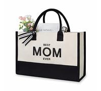 TOPDesign Borsa da spiaggia iniziale personalizzata della tela, borsa di totalizzatore del regalo con monogramma per le donne, Bianco e nero., La migliore mamma di sempre