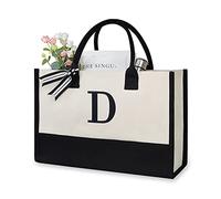 TOPDesign Embroidery Initial Canvas Tote Bag, Personalized Present Bag, Suitable for Wedding, Birthday, Beach, Holiday, is a Great Gift for Women, Mom, Teachers, Friends, Bridesmaids (Letter D)