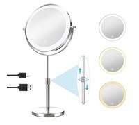 TopDirect Specchio Trucco con Luci 8 Pollici, Specchio Cosmetico 35 a 45 cm Regolabile Altezza, Ingranditore 1X/10X, 3 Modalità Colore e Rotazione a 360°, Doppia Faccia Specchio con Luci