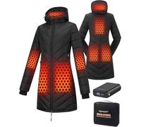 Topdot Riscaldata Donna Con Power Bank 12v, 18400 Mah, 8 Zone Di Con 3 Livelli Di Temperatura,Cappotto Invernale Lungo Antivento, Piumino Impermeabile Con Cappuccio, Giacca Calda,M