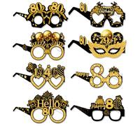 Topfunyy Decorazioni per occhiali di carta per 80° compleanno, per uomini e donne, confezione da 8 pezzi, colore nero e oro, per 80° compleanno, accessori per feste di compleanno