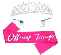 Topfunyy Set di diadema e fascia per 13° compleanno, fascia rosa shocking per adolescenti, corona con cristalli argentati, regalo di compleanno per ragazze