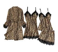 Topgrowth 4 PCS Camicie da Notte Donna Pigiama Seta Intimo Donna Leopardato Camiciola Indumenti da Notte con Pizzo Canotta Abiti Completo Intimo Babydoll Set
