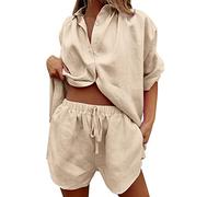 Topgrowth Accessorio Completo Donna in Lino e Cotone 2 Pezzi Set Camicia Allentato con Bottoni Pantaloncini Corti a Vita Alta Eslatica con Coulisse Estivi Casual Spiaggia Lavoro Vacanza