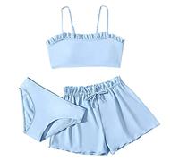 Topgrowth Accessorio Costume da bagno 3 pezzi da bambina Soild Bikini Costume da bagno Rullfe Slip Costume da bagno bikini da bambina (F-Blue, 14-16 anni)
