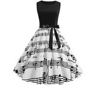 Topgrowth Vestito Donna Elegante Cerimonia Cocktail Vestiti Vintage Musica Nota Stampa Abito Senza Maniche Bodycon Swing Abito (Bianca, S)