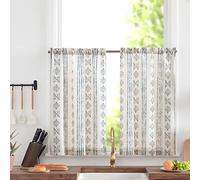 TOPICK Bohemian - Tende da cucina a righe, in lino, lunghezza 60 cm, con strisce filtranti la luce, per sala da pranzo, bagno, piccole finestre, blu su beige, set da 2 pezzi